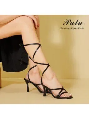 Shoes | Womens Black Tie Up Stiletto Heels Square Open Toe Sandals For ...